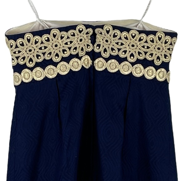 LILLY PULITZER BETSEY JACQUARD FLORAL LACE NAVY GOLD STRAPLESS MINI DRESS - Picture 8 of 16